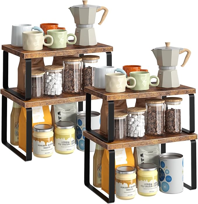 HOOBRO Cabinet Organizer Shelf Set of 4, Kitchen Counter Organizer, Kitchen Storage, Spice Rack, Nest, Stackable, Side-by-Side & L-Shape for Cabinet, Kitchen, Rustic Brown and Black BF33TLP201