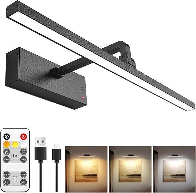 Picture Light for Wall 5200mAh Rechargeable and Battery Operated 2in1,Painting Lights for Art Display Gallery,Rotatable Dimmable Timer/Lighting up Pictures Poster Frame Dartboard in Room Hallway