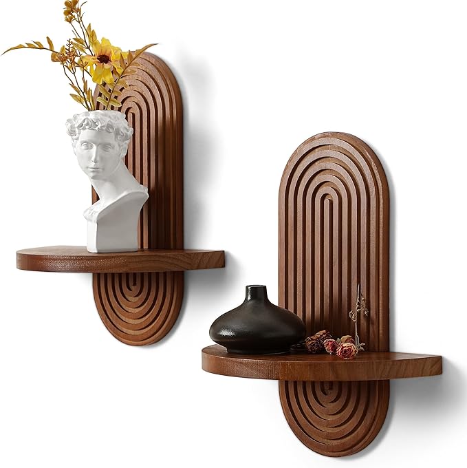 Modern Wall Shelf (Set of 2) with Arched Wood Design Mid-Century Single Floating Rainbow Shelves for Indoor Decoration Holding Planter Ornaments, 14 x 11.6 Inch (Walnut)
