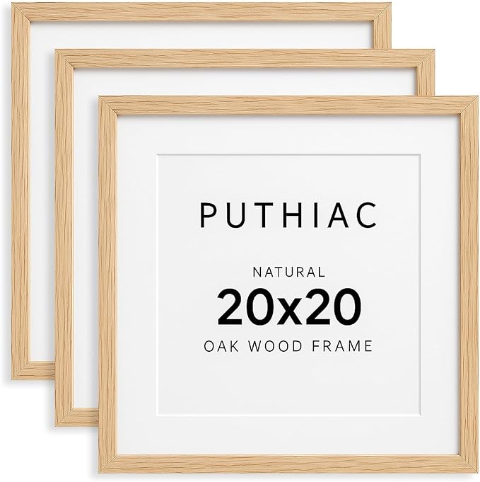puthiac 20x20 Solid Oak Wood Picture Frame, Fits 16x16 with Mat or 20x20 Without Mat, Wall Display Only, Plexi Front, 3 Pack, Natural Oak