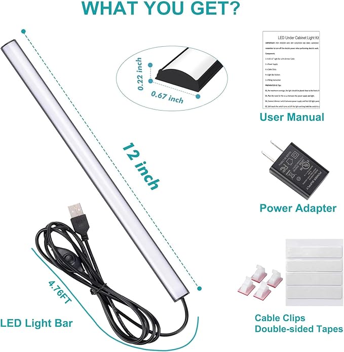 JUSJUBR Black Under Cabinet Lighting Plug in, Under Counter Lights, 12 Inch Dimmable LED Light Bar, Under Cabinet Lights for Sink, Counter, Desk, Cold White 6000K