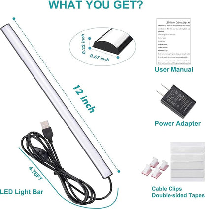 JUSJUBR Black Under Cabinet Lighting Plug in, Under Counter Lights, 12 Inch Dimmable LED Light Bar, Under Cabinet Lights for Sink, Counter, Desk, Cold White 6000K