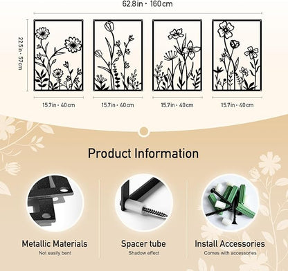 Sokurdeg Black Metal Flowers Wall Decor, Minimalist Floral Metal Wall Hanging Art, Black Abstract Rustic Flower Line Wall Sculptures for Bedroom Bathroom Living Room (4 Pcs, 15.7 x 22.5 in)