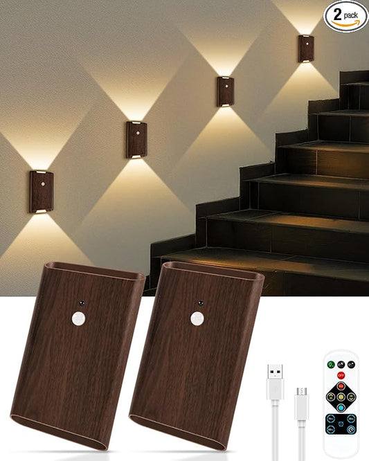 Rechargeable Motion Sensor Wall Sconce Set of 2 – 5000mAh Wireless Battery Operated Wall Light Indoor, 3 Colors Up/Down Lighting Magnetic Night Light with Remote Control for Bedroom, Hallway (Walnut)