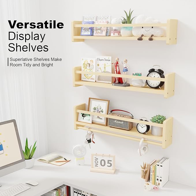 Nursery Floating Bookshelf for Kids, Wall Mounted Kids Book Shelf with Toy Storage, Pine Wood Nursery Shelves for Playroom, Bedroom, Toddler Room, Set of 3 (Pine, 23.6 Inches)