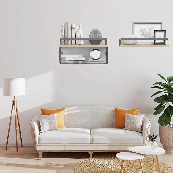 Floating Shelves with Wire Storage Basket for Toilet Paper, Wall Decor for Bathroom/Living Room/Kitchen/Bedroom, (Gold-White-Gold) Shelves for Home Decor