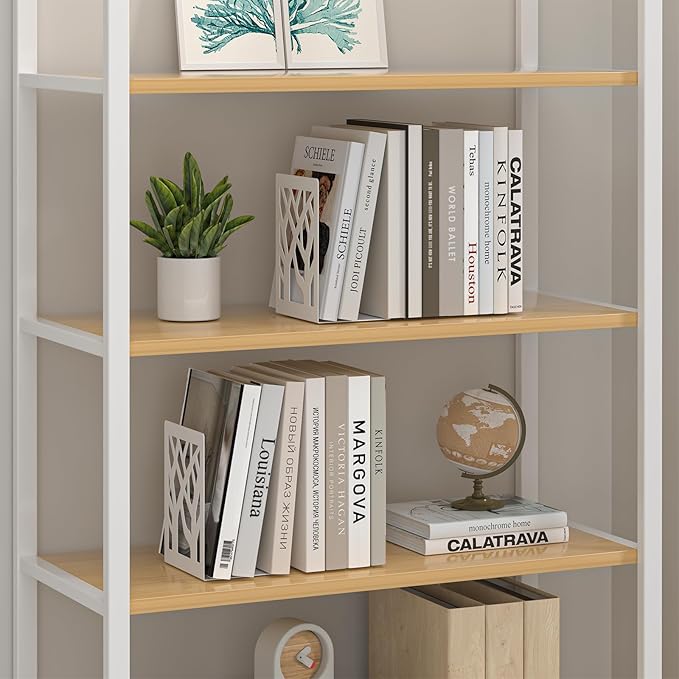 White Bookends 4 Pieces, Tree Design Modern Metal Bookends for Shelves, Unique Tree Book Ends Decorative Book Organizer for Desk, Decorative Shelve Book Stopper for Home Office