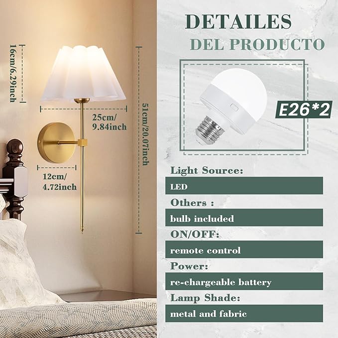 Battery Operated Wall Sconces Sets of 2, Indoor not Hardwired White Fabric lampshade Fixtures,Rechargeable Wireless 10 Colors Wall Lights with Dimmable Remote Control (20 inches)