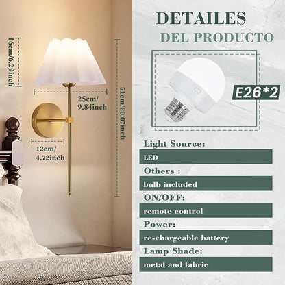 Battery Operated Wall Sconces Sets of 2, Indoor not Hardwired White Fabric lampshade Fixtures,Rechargeable Wireless 10 Colors Wall Lights with Dimmable Remote Control (20 inches)