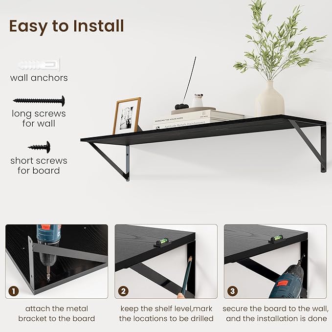 Fun Memories Deep Floating Shelves for Wall, 36W x 8D Wall Mounted Shelves Set of 2, Wide Display Ledge Shelf with Sturdy Metal Brackets for Living Room, Bathroom, Bedroom and Kitchen, Black