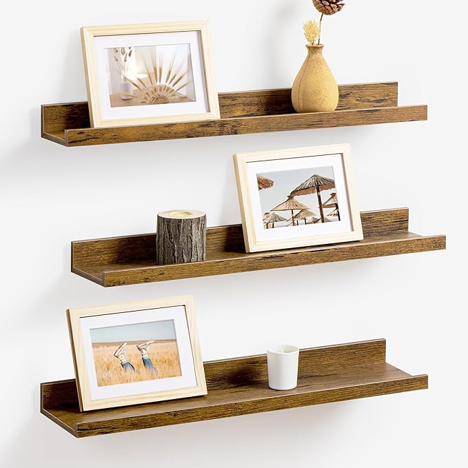 Axeman Picture Ledge Shelf | 24 Inch Brown Floating Shelves Set of 3 | Rustic Brown Wood Wall Shelves with Lip | 24