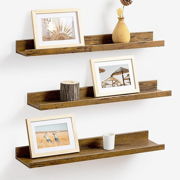 Axeman Picture Ledge Shelf | 24 Inch Brown Floating Shelves Set of 3 | Rustic Brown Wood Wall Shelves with Lip | 24" Picture Shelf for Wall with Ledge | Photo Shelves