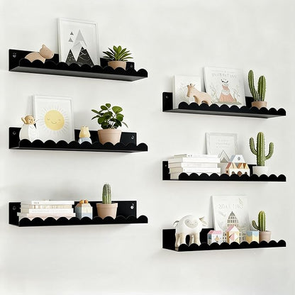 Nursery Book Shelves Set of 6, Black Metal Floating Shelves for Wall, 16 Inch Scalloped Book Shelf for Kids Room, Bathroom, Bedroom, Playroom Wall Decor & Storage