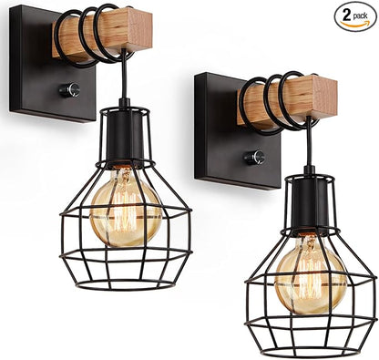 Set of 2 Industrial Wall Sconces with Dimmer ON/Off Switch, Farmhouse Wall Mount Light with Metal Cage Shade, Black Wall Lights Indoor for Kitchen Living Room