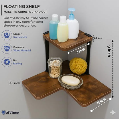 Rustic Brown Floating Shelves Set of 2 with Corner Shelf – Wood Wall Mounted Shelves for Kitchen, Bathroom, Living Room & Office Decor – Heavy Duty Storage Display, Easy Installation Included