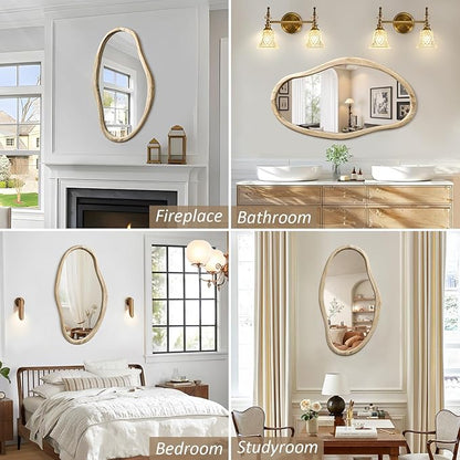JJUUYOU Irregular Mirrors for Wall Asymmetrical Bathroom Mirror 30"x18" Wall Mounted Mirrors Horizontal or Vertical Hanging Wall Mirrors for Makeup Bathroom Bedroom Living Room Wood