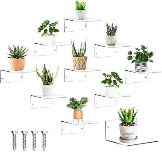 10 Pieces Small Floating Shelves for Wall 4'' Acrylic Mini Wall Shelf Acrylic Display Shelf Clear Hanging Shelves Room Decor for Bedroom, Bathroom, Living Room, Office