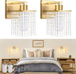 Set of 2 Crystal Battery Operated Wall Sconce,Rechargeable Wall Lamp with 5200mAh Battery & Remote Control, Modern Dimmable Wireless Wall Lights for Bedroom Bathroom (Clear, Gold Base)