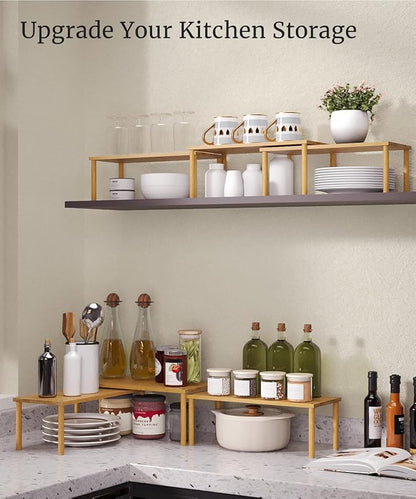 Cabinet Organizer Shelf(Set of 3),Bamboo Kitchen Counter Shelves for Countertop and Cabinet,Stackable Shelf Spice Racks,Large (Natural)