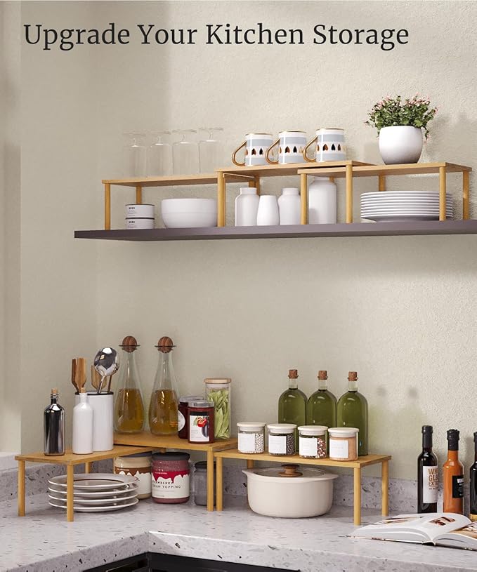 Cabinet Organizer Shelf(Set of 3),Bamboo Kitchen Counter Shelves for Countertop and Cabinet,Stackable Shelf Spice Racks,Large (Natural)