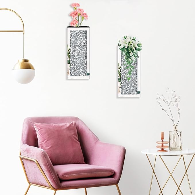 Crushed Diamond Mirrored Wall Decor Vase Crystal Silver Mirror Flower Vase Stunning Decorative Glass Hanging Planter for Home Decor Living Room Dining Room Bedroom Wall Decor.Can't Hold Water(2 Set)