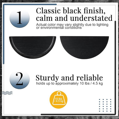 4 Pcs Solid Wood Half Round Floating Wall Shelves, Elegant Floating Wooden Shelves, 8.27 Inch Wall Shelf for Living Room, Bathroom, Bedroom, Offices, Pictures Plant Book (Black)