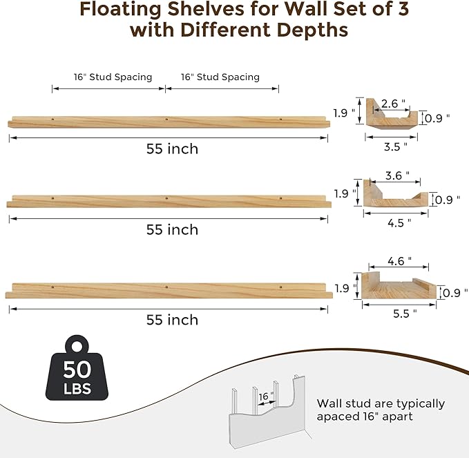 RICHFOCUS Floating Shelves for Wall, 55 inch Solid Wood Picture Ledge Shelf for Wall Storage, Nursery Book Shelves with Lip for Living Room Bathroom Bedroom Kitchen, Set of 3, Natural