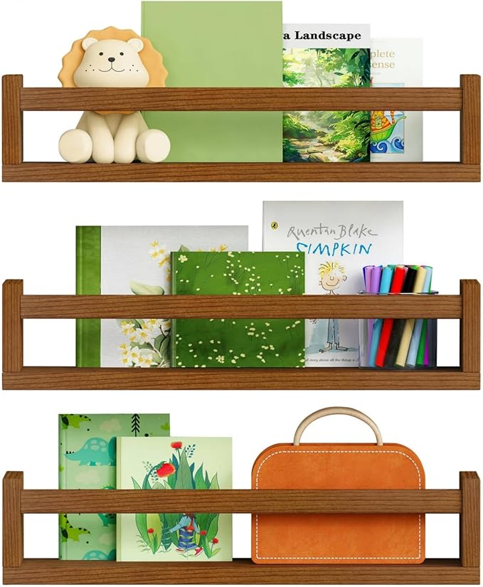 Walnut Brown Nursery Book Shelves Wall Mounted, Wooden Floating Bookshelf for Kids Room Bedroom, Dark Wood Nursery Bookshelves for Kitchen Classroom Playroom (Solid Pine, 3-Pack)