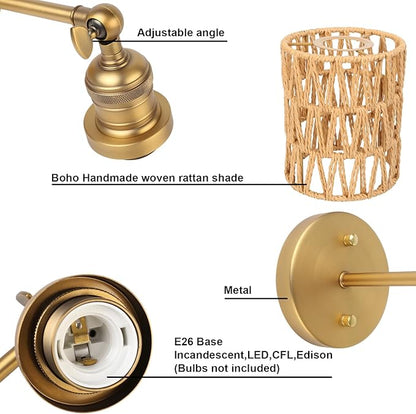 Yosoan Rattan Boho Wrapped Wall Sconce Light, Indoor Hardwired Hand-Woven Farmhouse Vintage Wall Lamps, Brass Handmade Braided Rope Small Straight Shade Wall Mount Fixture for Reading Hallway(Antique)