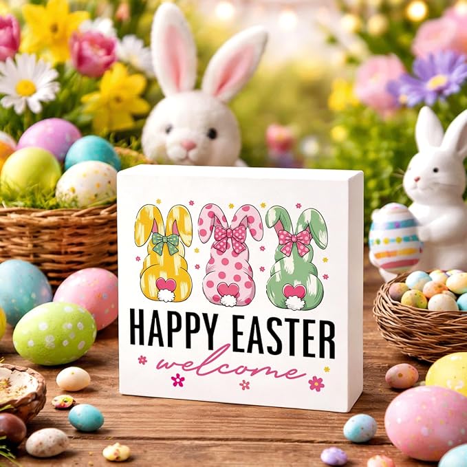 Easter Decorations for Home Happy Easter Welcome Wooden Sign, Bunny Spring Porch Decor, Farmhouse Easters Desk Decorations, Table Shelf Plaque, Holiday Front Door Party Supplies