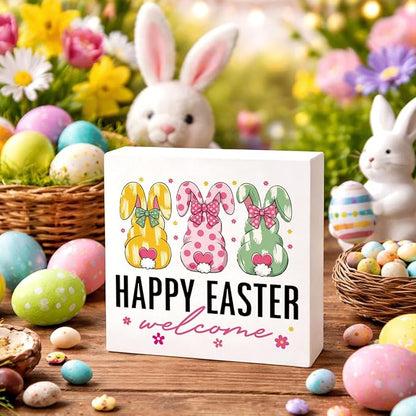 Easter Decorations for Home Happy Easter Welcome Wooden Sign, Bunny Spring Porch Decor, Farmhouse Easters Desk Decorations, Table Shelf Plaque, Holiday Front Door Party Supplies