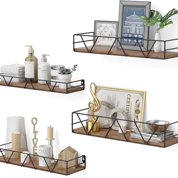 Floating Shelves Set of 4, Home Wood Wall Shelf, Farmhouse Shelf for Bedroom, Wall Mounted Floating Shelf for Living Room, Bedroom, Bathroom, Kitchen, Office (Brown)