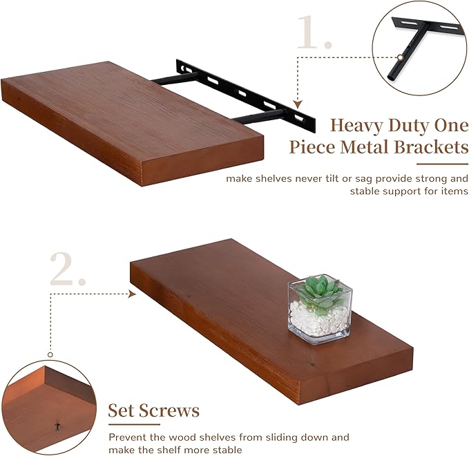 Marsmiles Wood Floating Shelves | Rustic Mahogany Wood Wall Shelves Set of 2 | 16