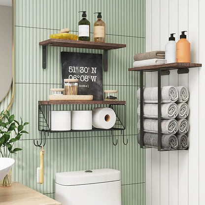 Fixwal Bathroom Floating Shelves Over Toilet Wall Shelves Set with Towel Storage Rack for Bathroom Organization & Wall Decor(Brown)