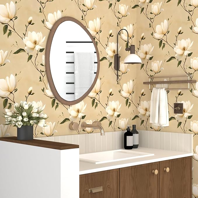 Floral Peel and Stick Wallpaper Vintage Khaki Contact Paper 17.5''x393'' Vinyl Waterproof Self Adhesive Removable Boho Modern Beige Leaf Wall Paper for Cabinets Bathroom Walls Bookcase Countertops