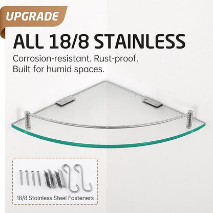 KES Glass Corner Shelf for Bathroom Corner Shelf 2 Pack Tempered Glass Shelf with Rail SUS 304 Stainless Steel Wall Mounted Brushed Finish, BGS2101A-2-P2