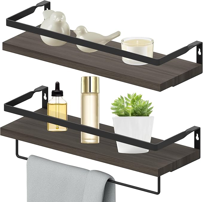 Home Decor Floating Shelves, Wall Shelves with Towel Bar, Bathroom Wall Decor, Floating Shelves Wood for Living Room/Kitchen/Bedroom, (Black-Black) Floating Bathroom Shelves