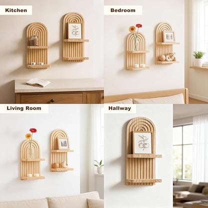 Artilady 2 Pack Boho Wall Hanging Shelves - 2 Tier Handmade Rainbow Arch Solid Wood Floating Shelf Wall Decor Trinket Storage Rack for Bedroom Living Room Nursery Bathroom