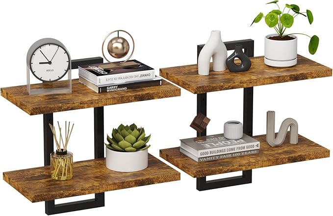 Floating Shelves, Set of 2 Wall Shelves, 2-Tier Wall Mounted Storage Shelves, Adjustable Floor Height, Hanging Bathroom Shelves, for Living Room, Bedroom, Bathroom, Kitchen, Rustic Brown and Black