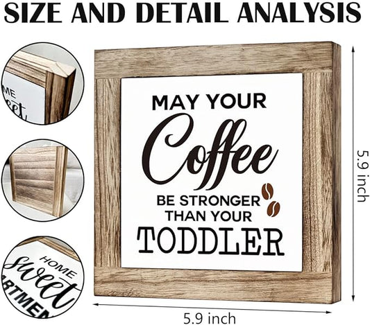 Coffee Sign, Farmhouse Coffee Decor, May Your Coffee Be Stronger Than Your Toddler Sign, Funny Coffee Decor Set, Wooden Box Signs for Home Decor, Cafe Decor, Humorous Coffee Sign Decor, white