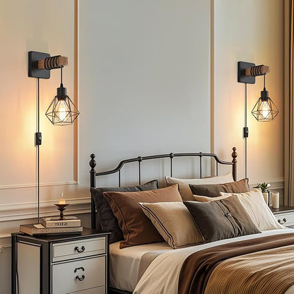 Rustic Wall Sconces Fixtures with Plug in Cord, Set of Two Indoor Vintage Rattan Wall Light Industrial Lamp Fixture Farmhouse Metal Sconces Light for Bedroom Bedside Living Room