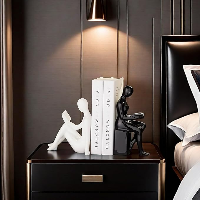 Home Decorative Reading Couple Statue Bookends Elegant Ceramic Bookshelf Room Office Desk Decor,Paper Weights, Book Ends,Bookend Supports, Book Stoppers, Set of 2 (Black and White)