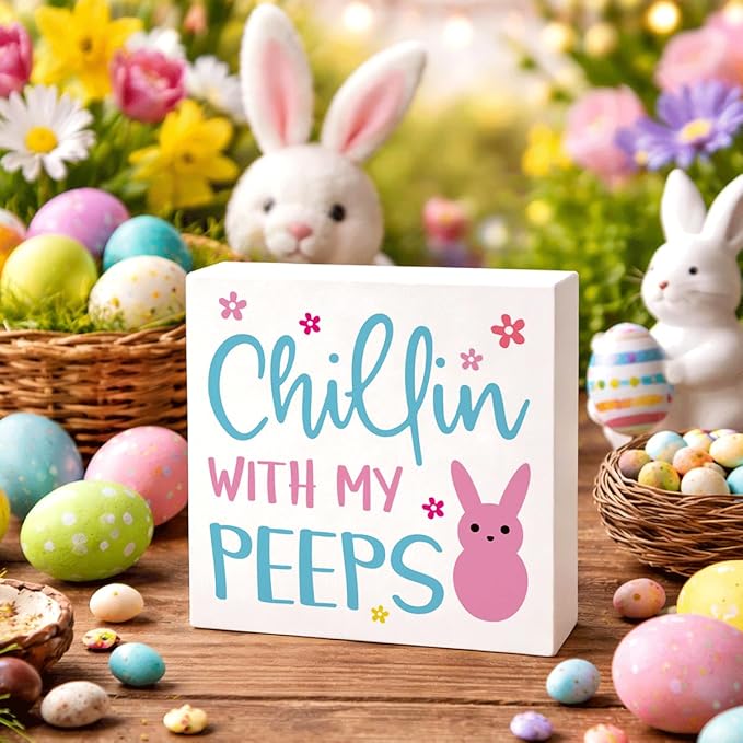 Easter Decorations for Home Chillin With My Peeps Wooden Sign, Funny Bunny Spring Porch Decor, Easter Desk Table Decorations, Farmhouse Front Door Wall Plaque, Holiday Party Supplies