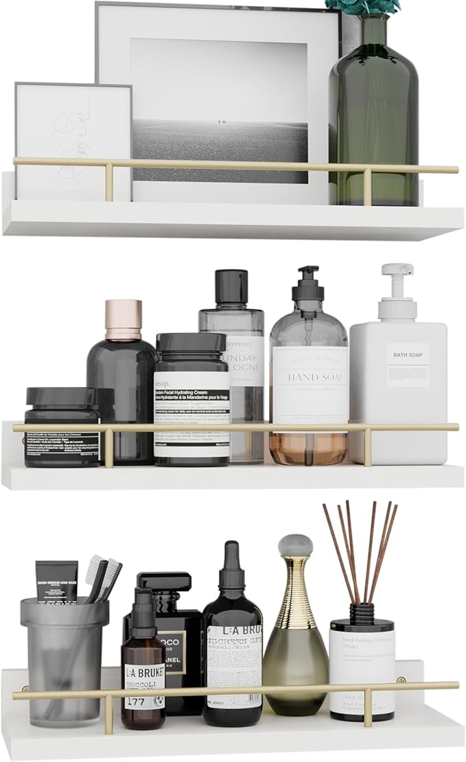 Floating Shelves with Metal Guardrail, Wall Decor Shelves for Bathroom, Living Room and Bedroom, (Gold-White) Shelves for Home Decor