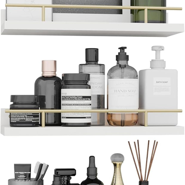 Floating Shelves with Metal Guardrail, Wall Decor Shelves for Bathroom, Living Room and Bedroom, (Gold-White) Shelves for Home Decor