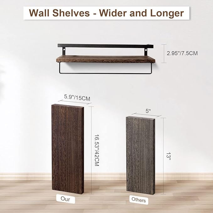 AGM Floating Shelves, 16.5 Bathroom Floating Shelf Set of 2, Carbonized Black Wall Storage Shelf with Towel Bar, Wall Mounted Shelves for Plants, Book, Bedroom, Kitchen, Living Room Decoration