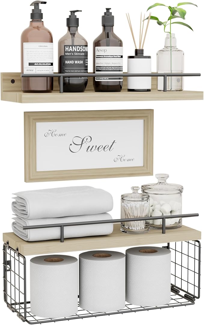 Floating Shelves with Sweet Home Sweet Wall Decor Sign， Wall Shelves for Bathroom/Living Room/Kitchen/Bedroom, (Black-Natural-Black) Floating Bathroom Shelves