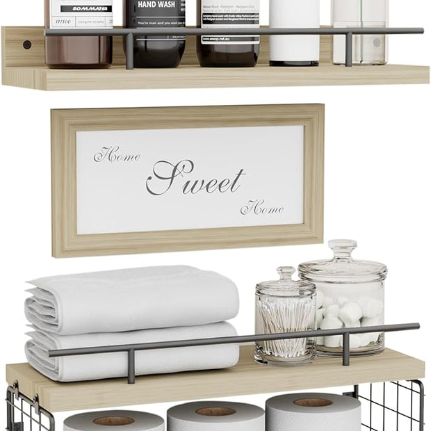 Floating Shelves with Sweet Home Sweet Wall Decor Sign， Wall Shelves for Bathroom/Living Room/Kitchen/Bedroom, (Black-Natural-Black) Floating Bathroom Shelves
