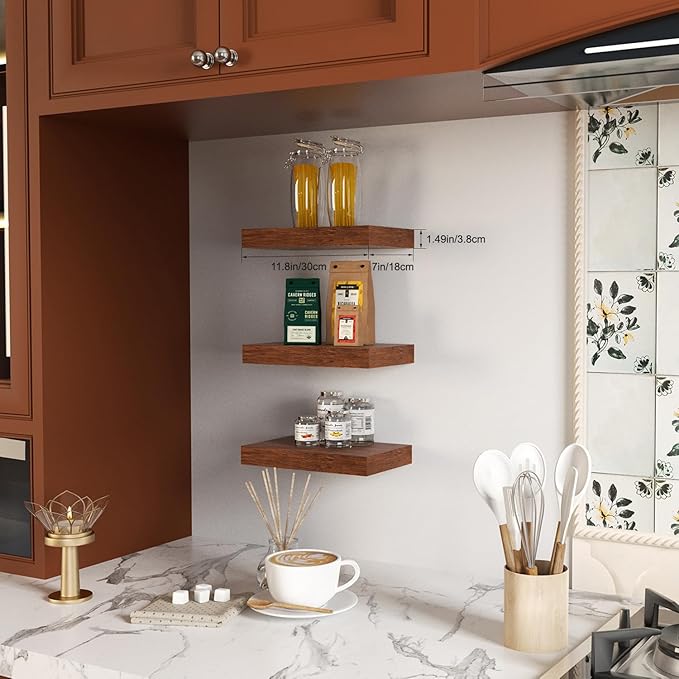 Floating Shelves for Wall, Bathroom Shelves Over Toilet, Wall Shelves & Book Shelf, Hanging Shelf, Modern Wooden Wall-Mounted Small Floating Shelves, 12x7x1.5 in (Walnut-Like, Set of 3)