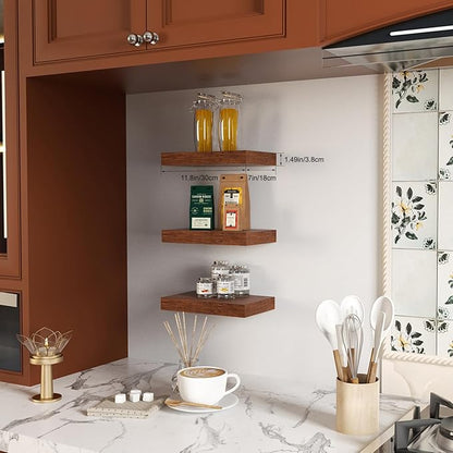 Floating Shelves for Wall, Bathroom Shelves Over Toilet, Wall Shelves & Book Shelf, Hanging Shelf, Modern Wooden Wall-Mounted Small Floating Shelves, 12x7x1.5 in (Walnut-Like, Set of 3)